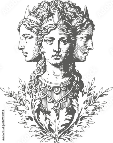 Ancient three faced god janus illustration with laurel wreath and detailed armor design