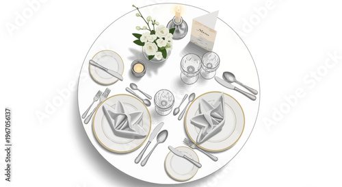 Elegant Table Setting for Two: Romantic Dinner, Fine Dining, White Flowers, Candlelight