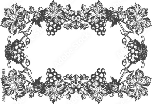 Vintage grapevine border design with leaves and grape clusters in decorative frame