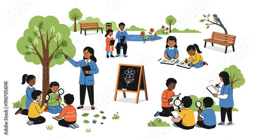 Children Learning Nature Outdoors with Teacher, Science Education, Biodiversity Study