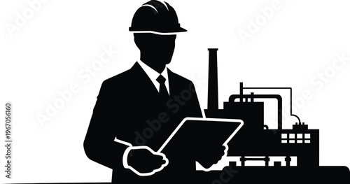 Factory worker silhouette industrial labor and manufacturing concept with factory background