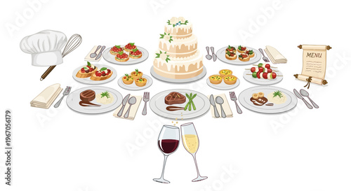 Elegant Wedding Feast: Cake, Appetizers, Entrees, Wine, and Menu