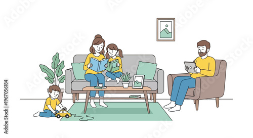 Family Reading Together in Cozy Living Room - Parents and Children Enjoying Books