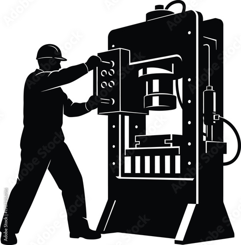 Dedicated factory worker operating industrial press machine manufacturing and labor