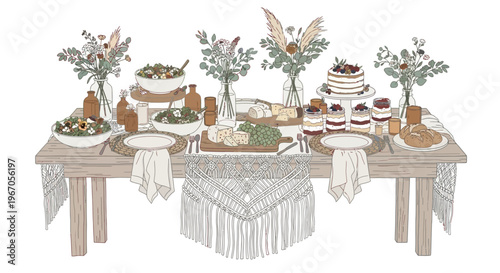 Bohemian Style Buffet Table Setting with Food, Flowers, and Cake