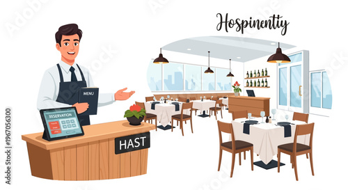 Waiter Welcoming Guests to a Modern Restaurant Dining Room