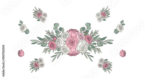 Elegant Floral Arrangement with Pink Roses and Eucalyptus Leaves, Hand-drawn Style