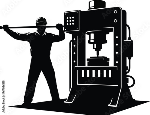 Factory worker operating industrial press machine manufacturing labor and production