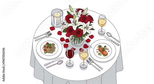 Romantic Dinner Table Setting with Flowers, Candles, Wine, and Food