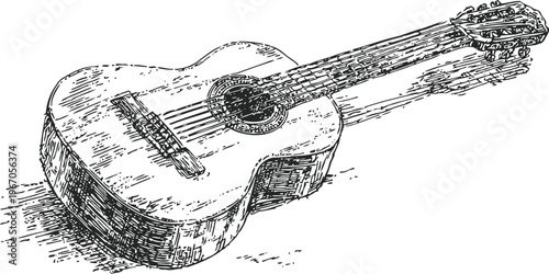 Hand drawn classical guitar illustration with detailed wood texture and strings, vintage musical instrument sketch