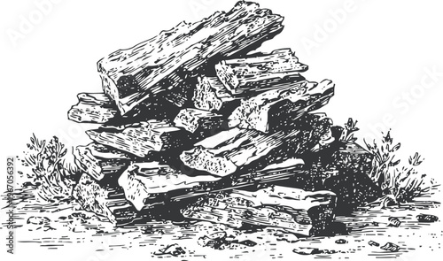 Stack of firewood logs illustration with wood texture and natural outdoor background detail