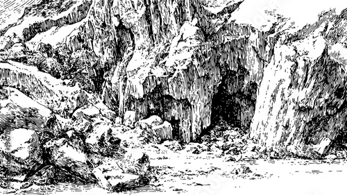 Ancient cave entrance with jagged rocks and rugged terrain in a natural rocky landscape