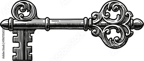 Vintage ornate key illustration antique metal skeleton key with intricate decorative details and classic design