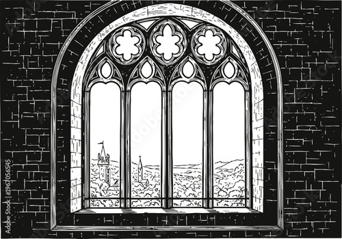 Gothic arched window with intricate tracery overlooking medieval town and distant hills