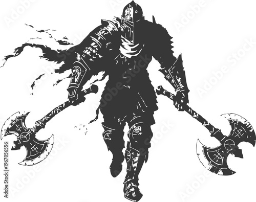 Dark armored knight wielding double battle axes charging forward silhouette