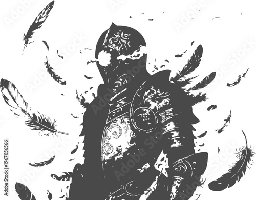 Ornate medieval knight in decorative armor surrounded by falling feathers silhouette design