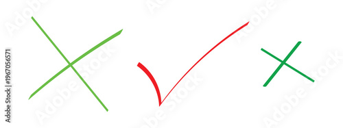 Hand drawn check and cross mark set, red tick and green X symbols, scribble style choice and rejection icons isolated on white.