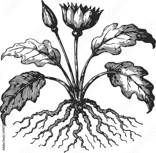 Vintage botanical illustration of a flowering plant with roots and detailed leaves