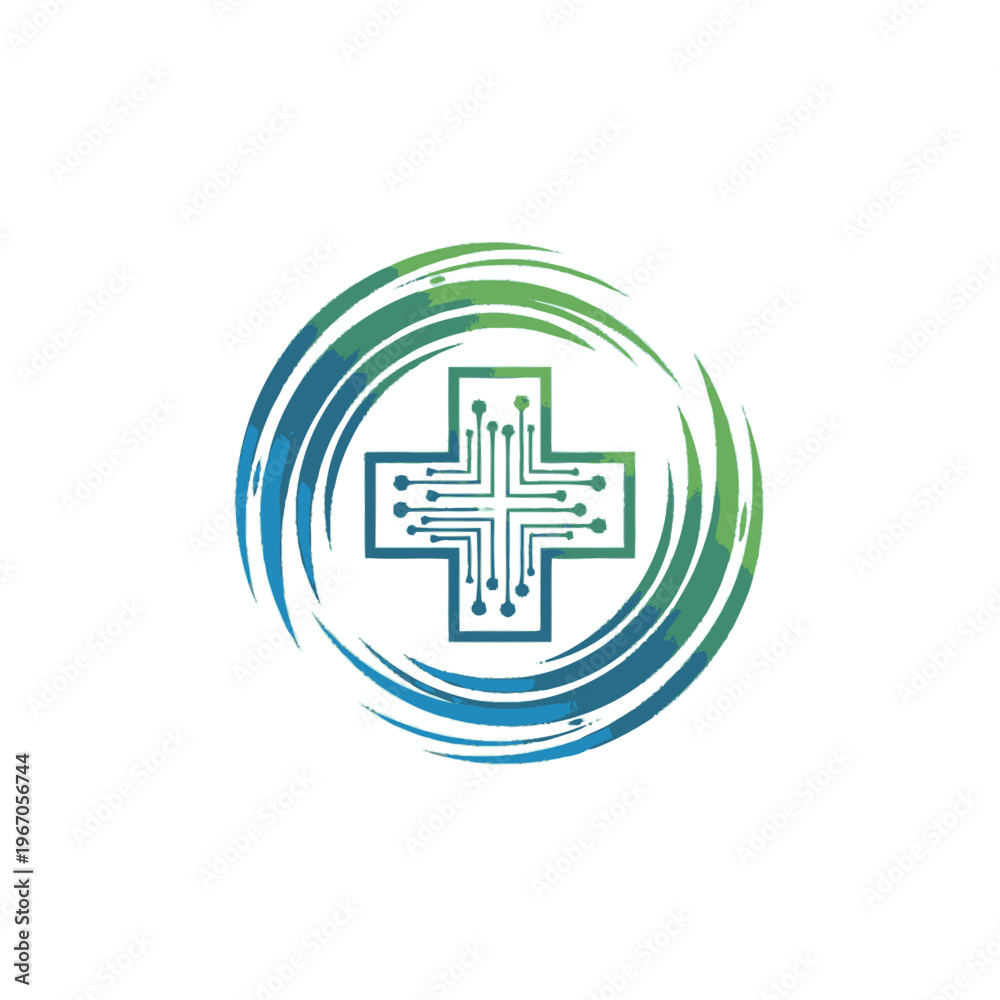 Fototapeta premium Digital Medical Cross Symbol with Swirling Technology Effect.