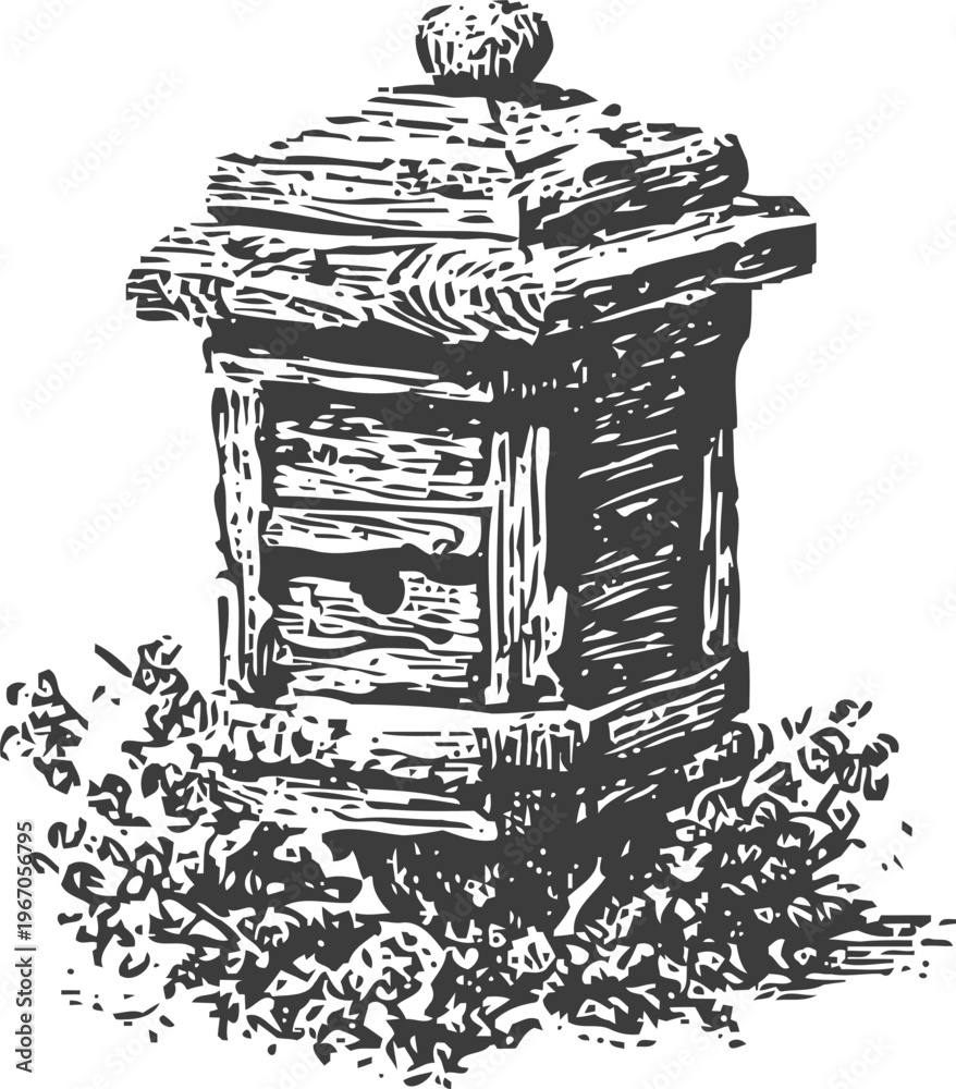 Fototapeta premium Vintage wooden beehive surrounded by plants, hand drawn garden illustration in black and white
