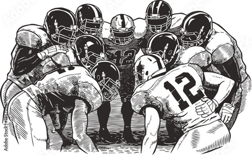 American football team huddle players in helmets and uniforms discussing strategy before the game