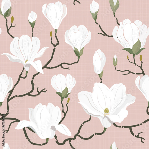 Elegant white magnolia blossom seamless vector pattern on dusty pink background