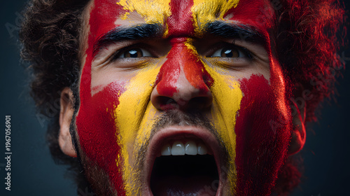 Passionate football fan with face painted in vibrant red and yellow colors, expressing excitement and enthusiasm. close up captures intensity and emotion of moment