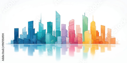 Abstract 3D vector illustration of an urban city skyline at night featuring a colorful rainbow over a silhouette of downtown skyscrapers and blue business buildings