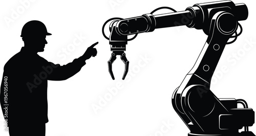 Factory worker and robotic arm automation industry 4 0 and modern manufacturing