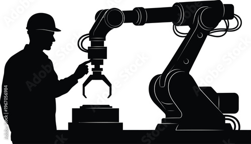 Factory worker and robotic arm automation industry 4 0 and modern manufacturing
