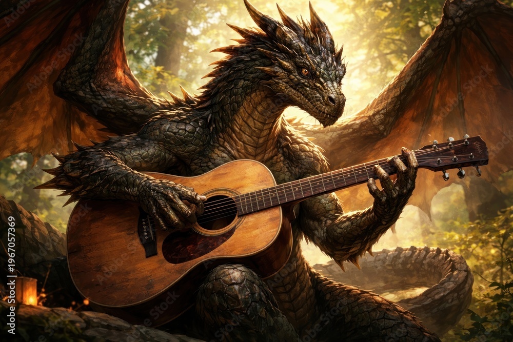 Obraz premium Dragon playing acoustic guitar outdoors.