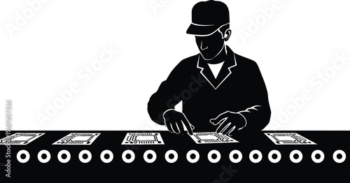 Vintage factory worker inspecting components industrial labor and manufacturing scene