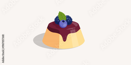 Vanilla pudding with blueberry glaze and fresh forest berries topping, delicious custard dessert with blackberry and mint leaf, flat vector illustration isolated on white.