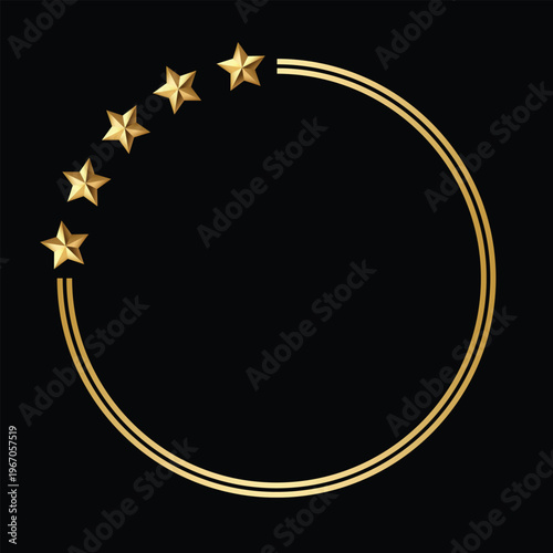 Golden round circle frame adorned with five radiant stars. Each star gleams with polished metallic luster. Clean black background enhances elegant simplicity. Perfect for award ceremonies or luxury br