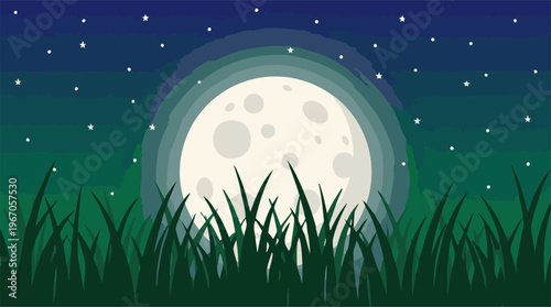 Full moon night landscape with starry sky and green grass illustration
