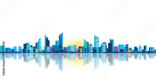 Abstract blue vector illustration of an urban city skyline featuring 3d skyscraper silhouettes and downtown building architecture for a modern business cityscape design