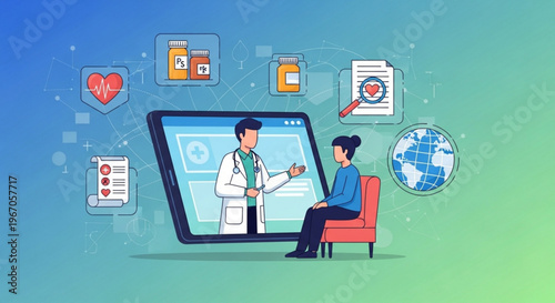 Telemedicine consultation on a large tablet with doctor and patient discussing health
