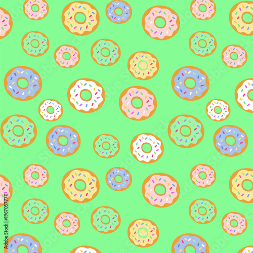 Fresh mint green seamless vector pattern with colorful glazed donuts and sweet sprinkles. Tasty dessert background for organic food packaging and kids textiles.