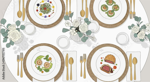 Elegant Table Setting with Gourmet Dishes and Floral Decor
