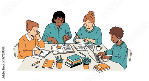 Diverse group of people studying and working together at a table, illustration