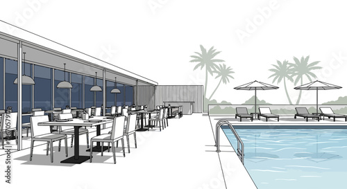 Modern Resort Restaurant and Pool Area with Palm Trees