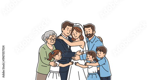 Happy multi-generational family embracing, wedding couple at center, diverse ages, love, unity