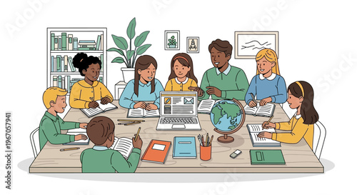 Diverse students learning together with teacher and laptop in classroom setting