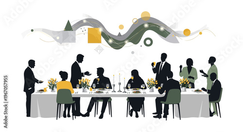 Elegant Dinner Party Silhouette: People Gathered at Long Table, Abstract Waves Above