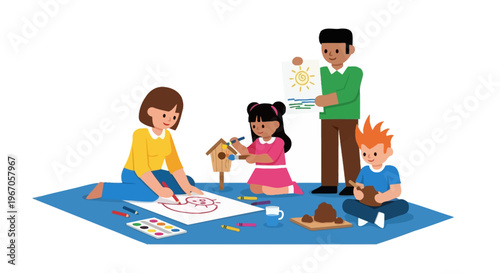 Children painting and drawing with teacher in art class