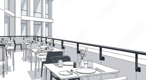 Modern outdoor cafe terrace with tables set for dining, architectural sketch style