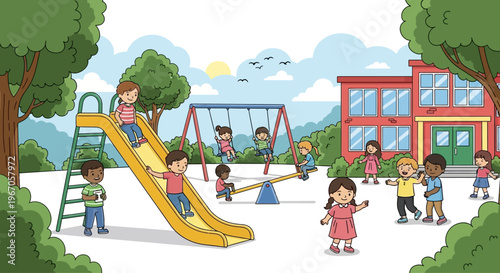 Children playing on playground equipment outside school building, sunny day
