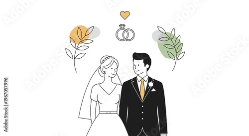 Happy Couple Wedding Day Illustration - Bride and Groom with Rings and Heart