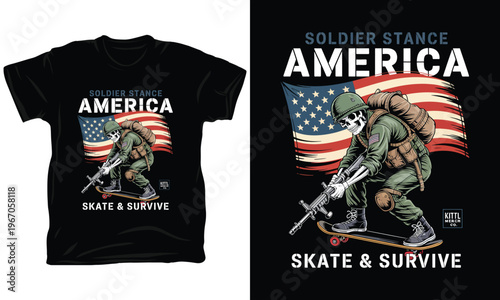 Soldier stance america skate survive vector illustration, perfect for t-shirt design.
