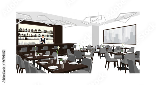 Modern Bar and Restaurant Interior with Tables, Chairs, and Bar Counter